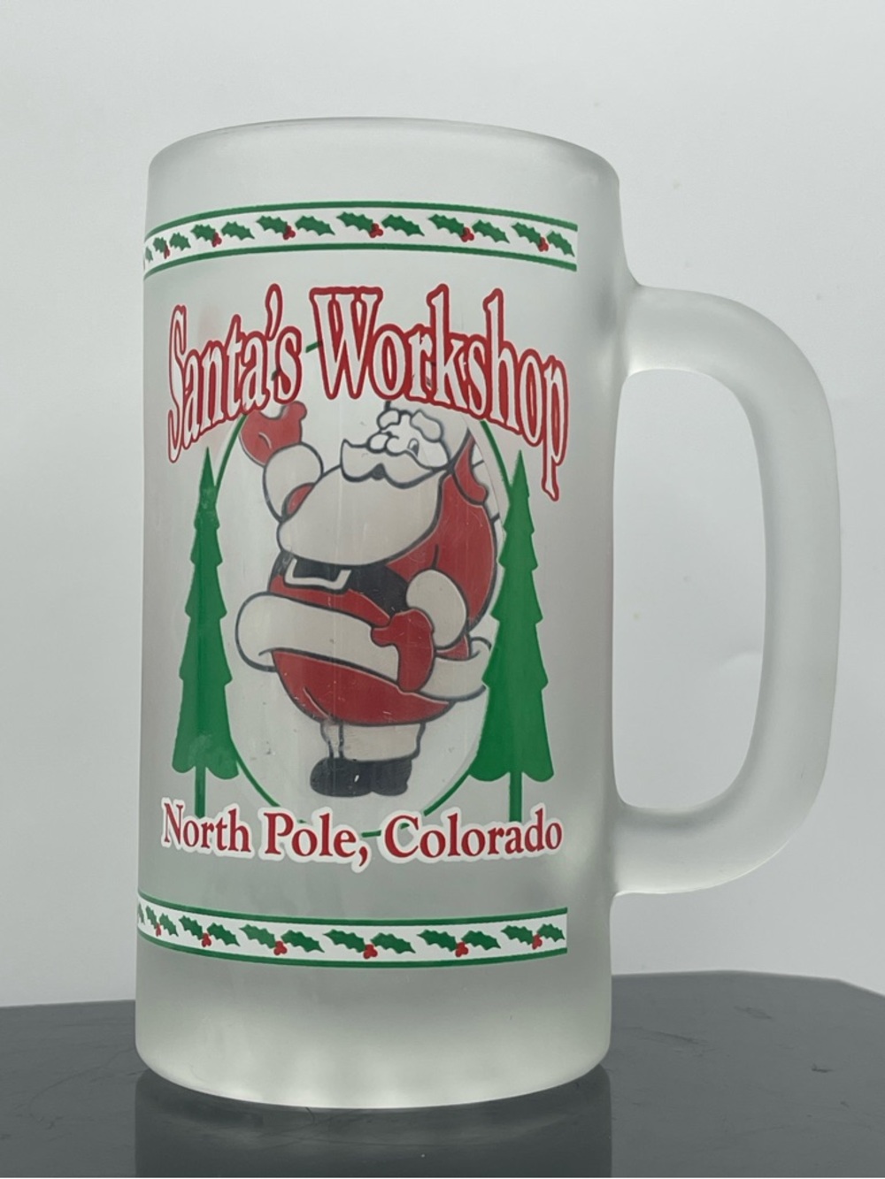 Frosted Souvenir Glass Mug w/Clear Window “Santa's Workshop-North Pole Colorado”